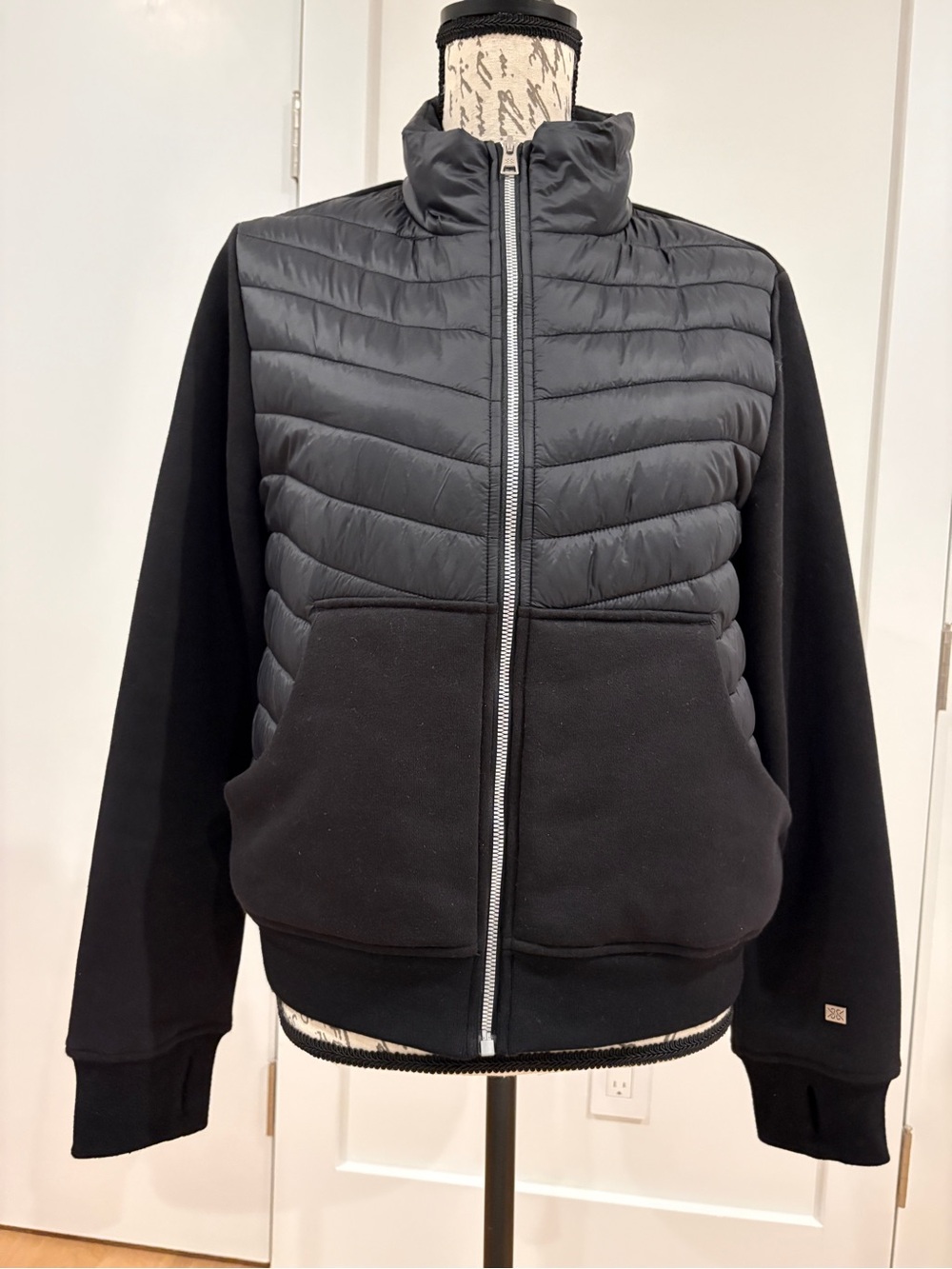 Soia & Kyo Mixed-Media Puffer Jacket — Black, Size Large